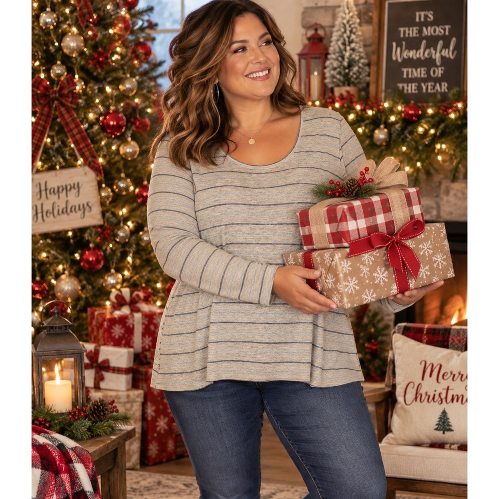 Chicos Metallic Striped Long Sleeve Top Gray Gold Silver Scoop Neck Size 3 XL
